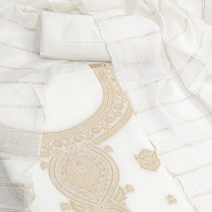 White Banarasi Silk Dress Material With Classic Zari Design