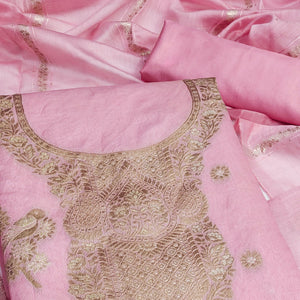 Baby Pink Banarasi Silk Dress Material With Classic Zari Design