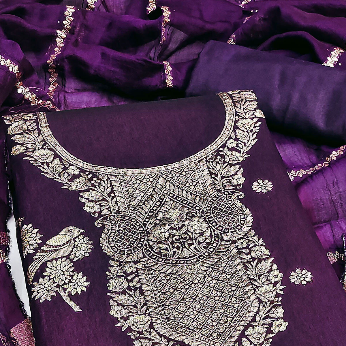 Purple Banarasi Silk Dress Material With Classic Zari Design