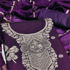 Purple Banarasi Silk Dress Material With Classic Zari Design