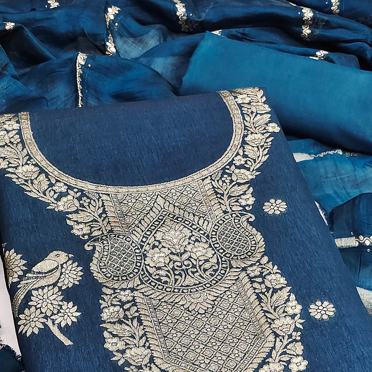 Teal Banarasi Silk Dress Material With Classic Zari Design