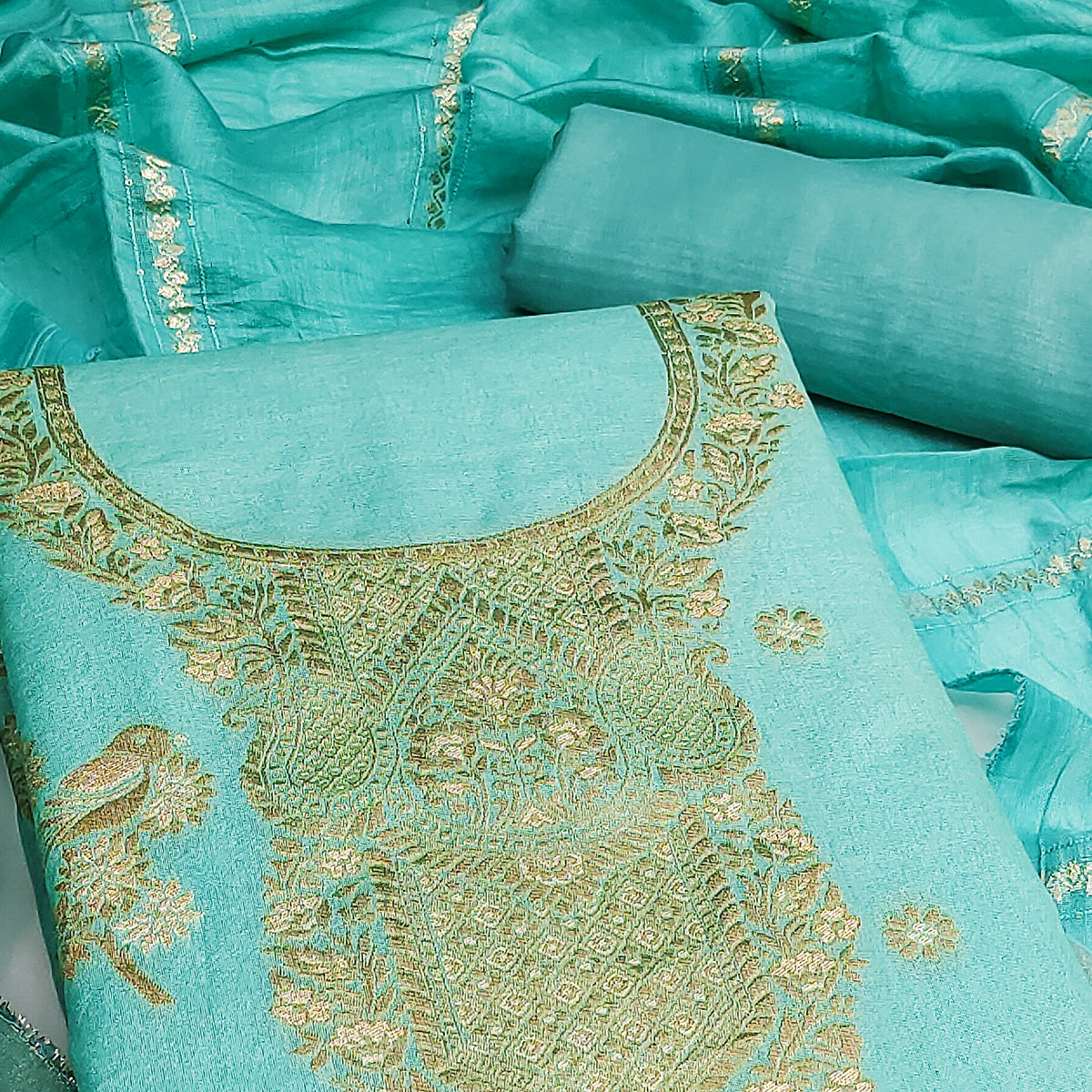 Turquoise Banarasi Silk Dress Material With Classic Zari Design