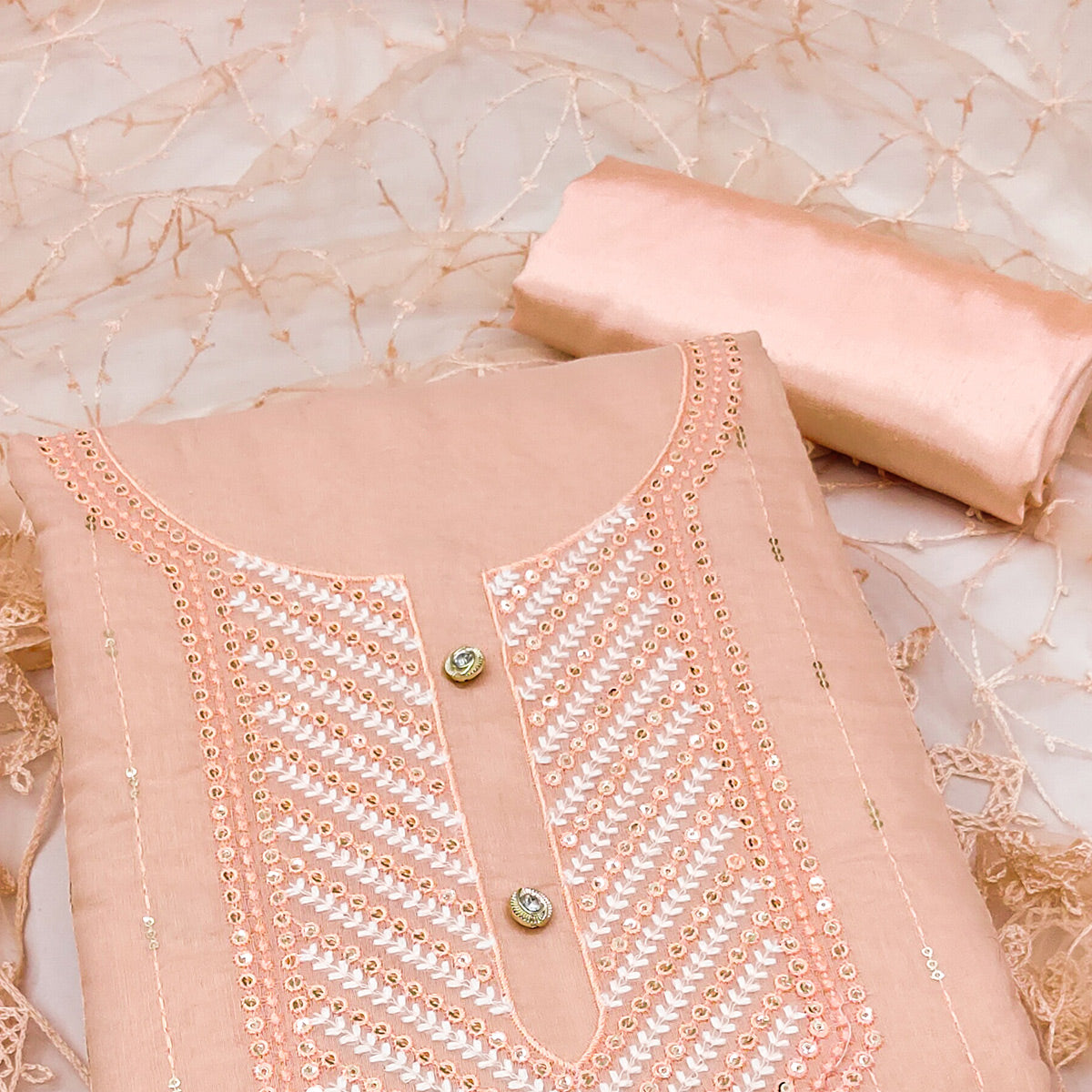 Shimmering Peach Sequins Embroidered Chander Cotton Suit Material