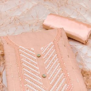 Shimmering Peach Sequins Embroidered Chander Cotton Suit Material