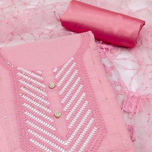 Shimmering Pink Sequins Embroidered Chanderi Cotton Suit Material