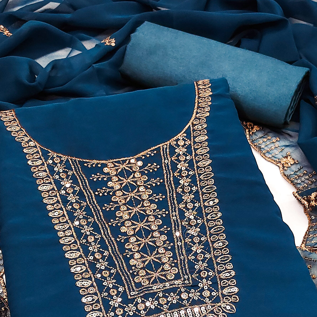 Blue Georgette Dress Material Featuring Floral Sequins Embroidery