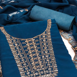 Blue Georgette Dress Material Featuring Floral Sequins Embroidery