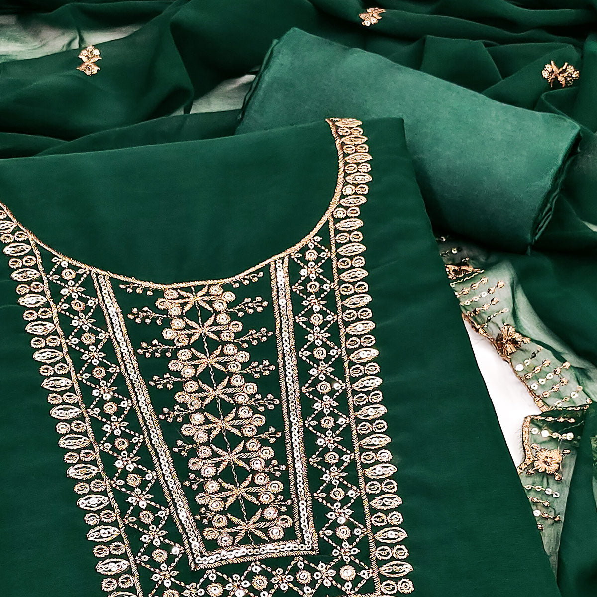 Green Georgette Dress Material Featuring Floral Sequins Embroidery