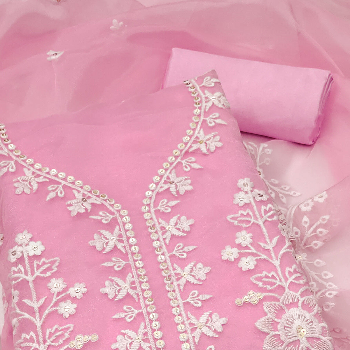 Baby Pink Floral Embroidered Work Dress Material With Shimmering Sequin Detailing