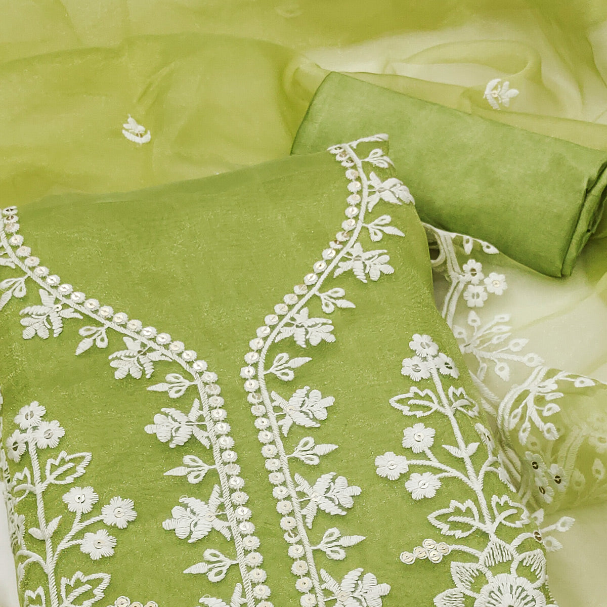 Green Floral Embroidered Work Dress Material With Shimmering Sequin Detailing