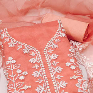 Peach Floral Embroidered Work Dress Material With Shimmering Sequin Detailing