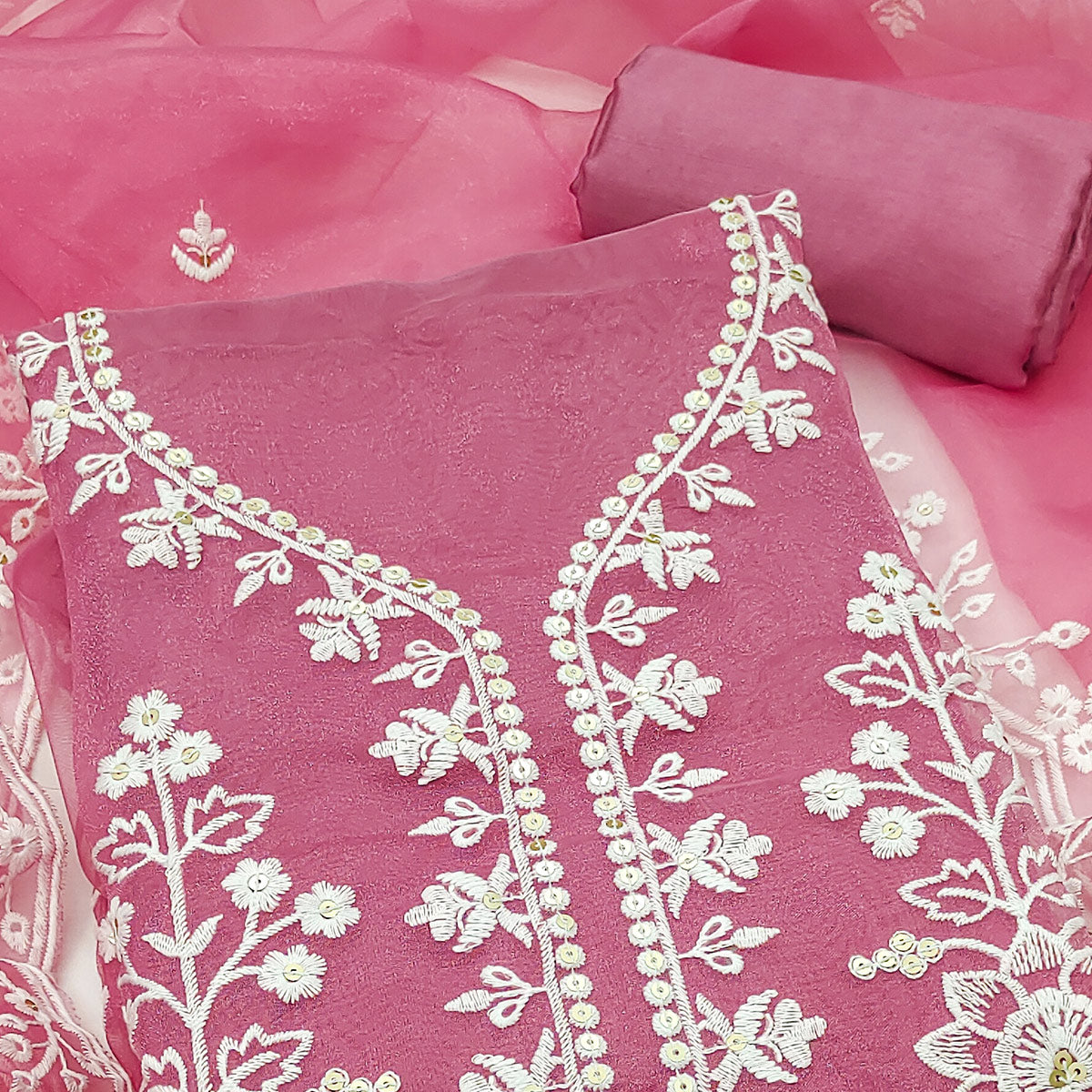 Pink Floral Embroidered Work Dress Material With Shimmering Sequin Detailing
