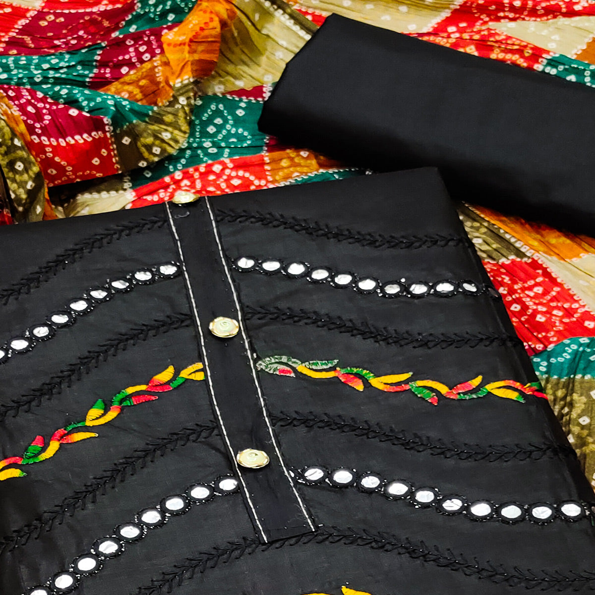 Black Cotton Blend Dress Material With Intricate Thread Embroidery & Paper Mirror Work