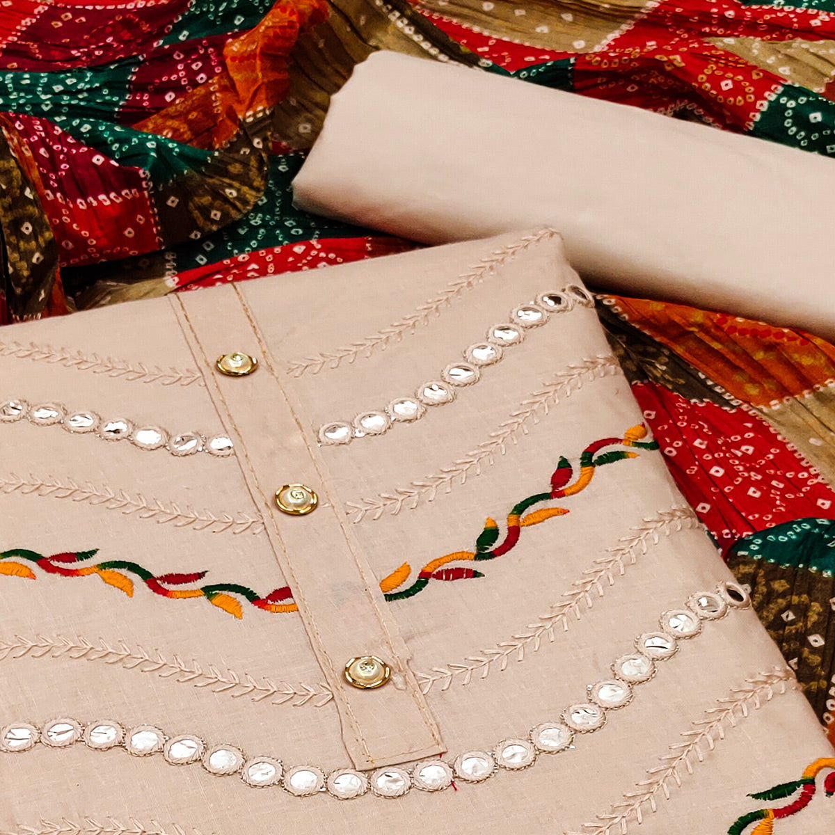 Cream Cotton Blend Dress Material With Intricate Thread Embroidery & Paper Mirror Work