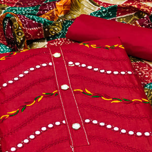 Red Cotton Blend Dress Material With Intricate Thread Embroidery & Paper Mirror Work