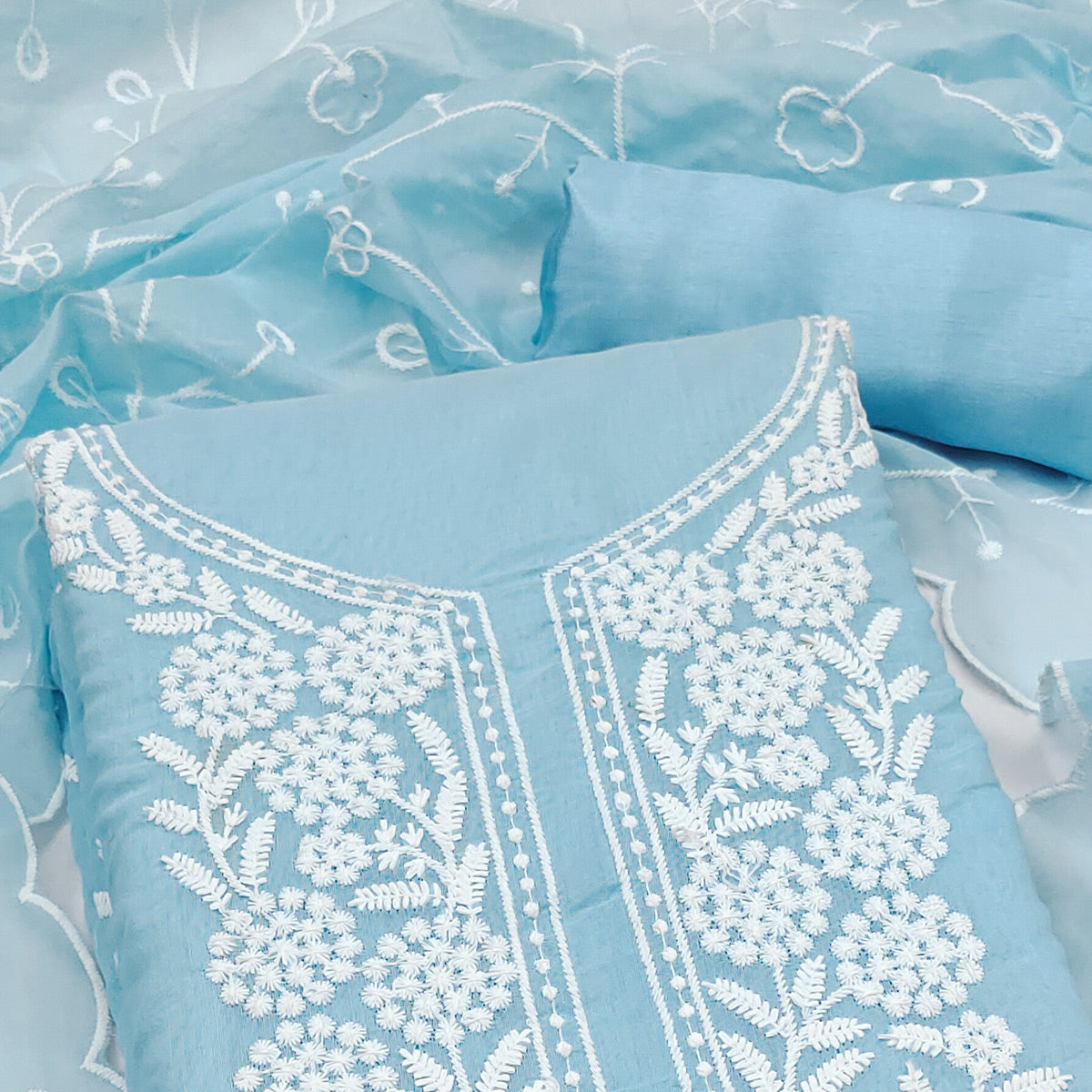 Blue Chanderi Silk Dress Material With Exquisite Floral Thread Embroidery