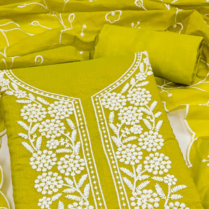 Green Chanderi Silk Dress Material With Exquisite Floral Thread Embroidery