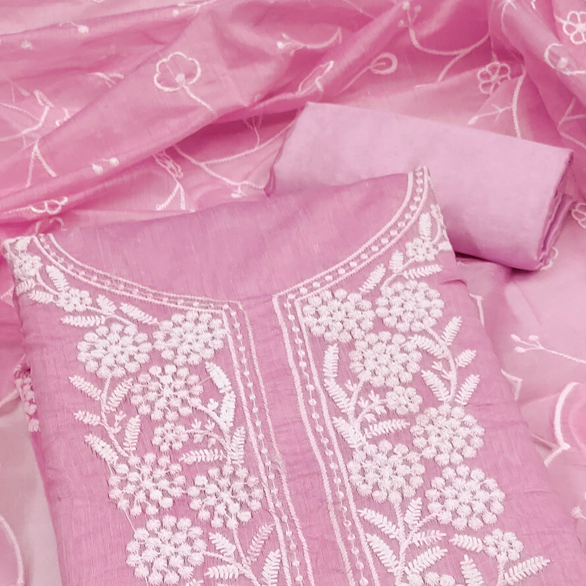Pink Chanderi Silk Dress Material With Exquisite Floral Thread Embroidery