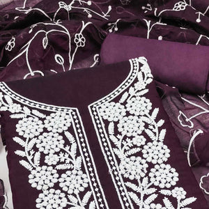 Wine Chanderi Silk Dress Material With Exquisite Floral Thread Embroidery