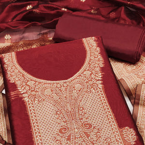 Maroon Zari Floral Jacquard Weaving on Shimmer Silk Dress Material