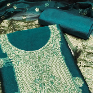 Teal Zari Floral Jacquard Weaving on Shimmer Silk Dress Material