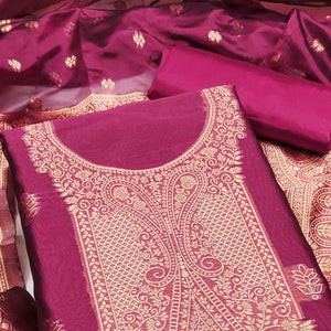 Wine Zari Floral Jacquard Weaving on Shimmer Silk Dress Material