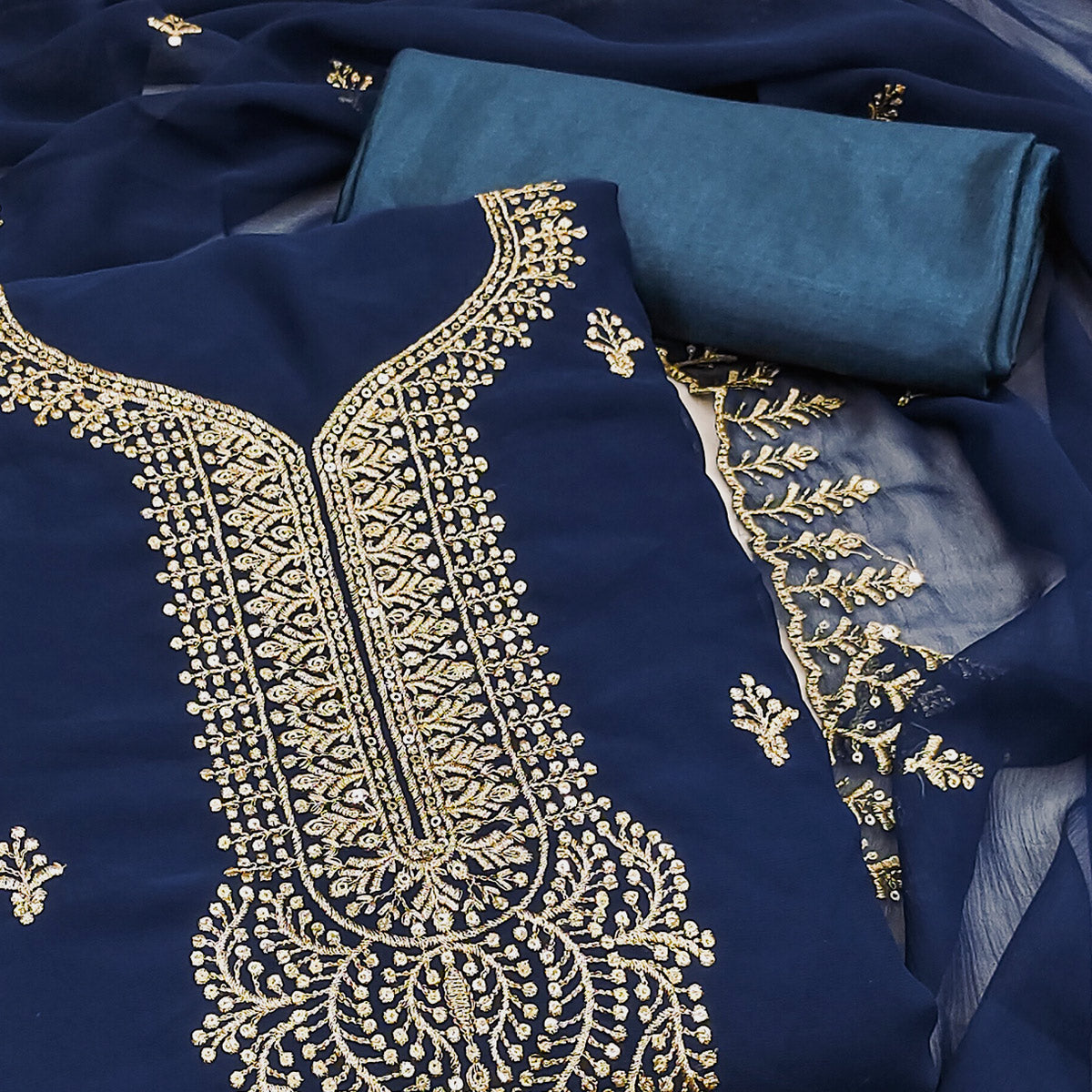 Blue Georgette Dress Material Adorned With Floral Zari & Sequin Embroidery