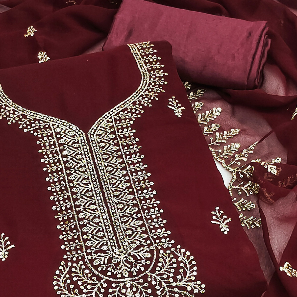 Maroon Georgette Dress Material Adorned With Floral Zari & Sequin Embroidery