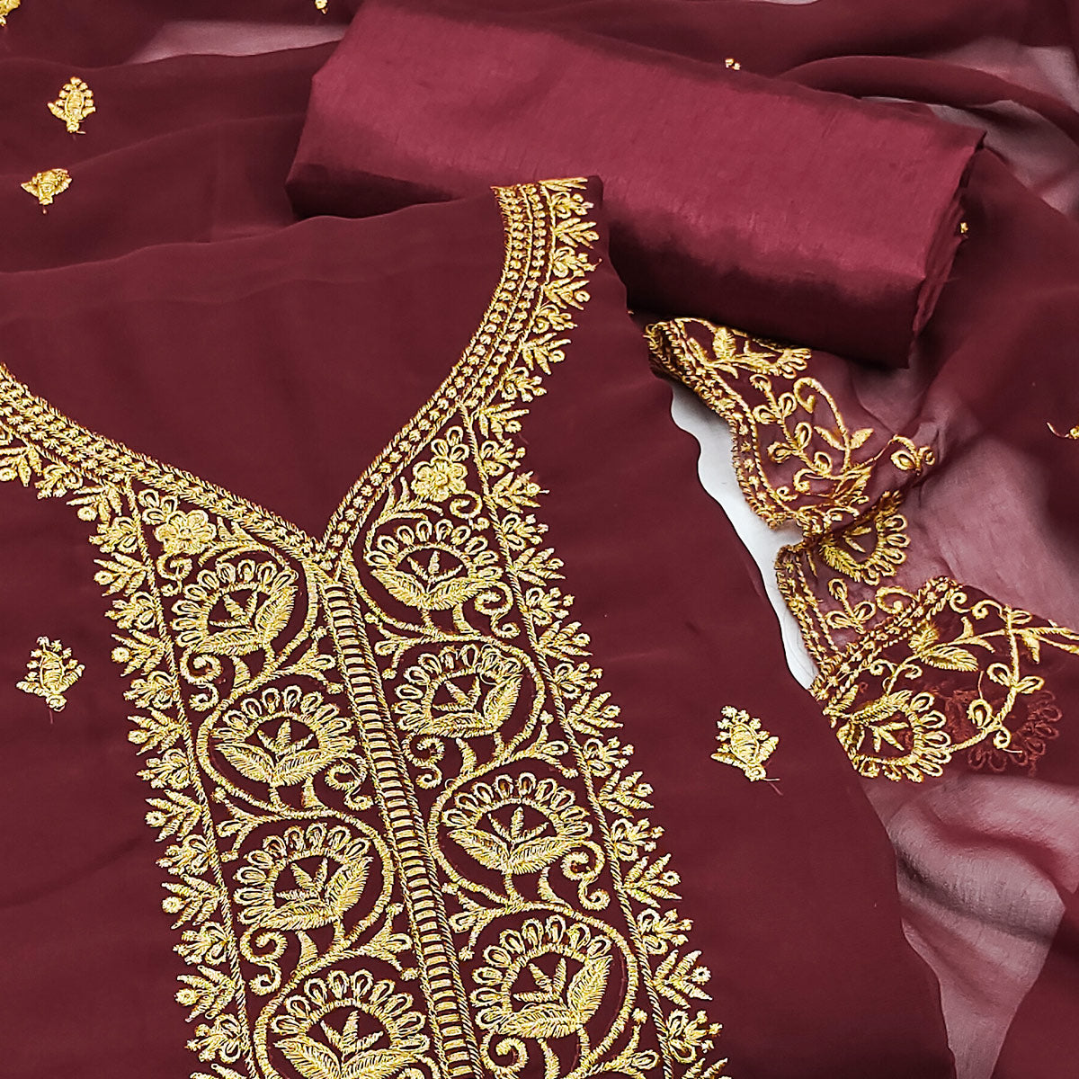 Maroon Georgette Dress Material With Intricate Floral Zari Embroidery