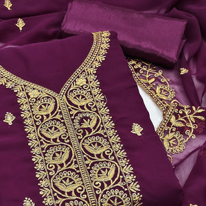 Wine Georgette Dress Material With Intricate Floral Zari Embroidery