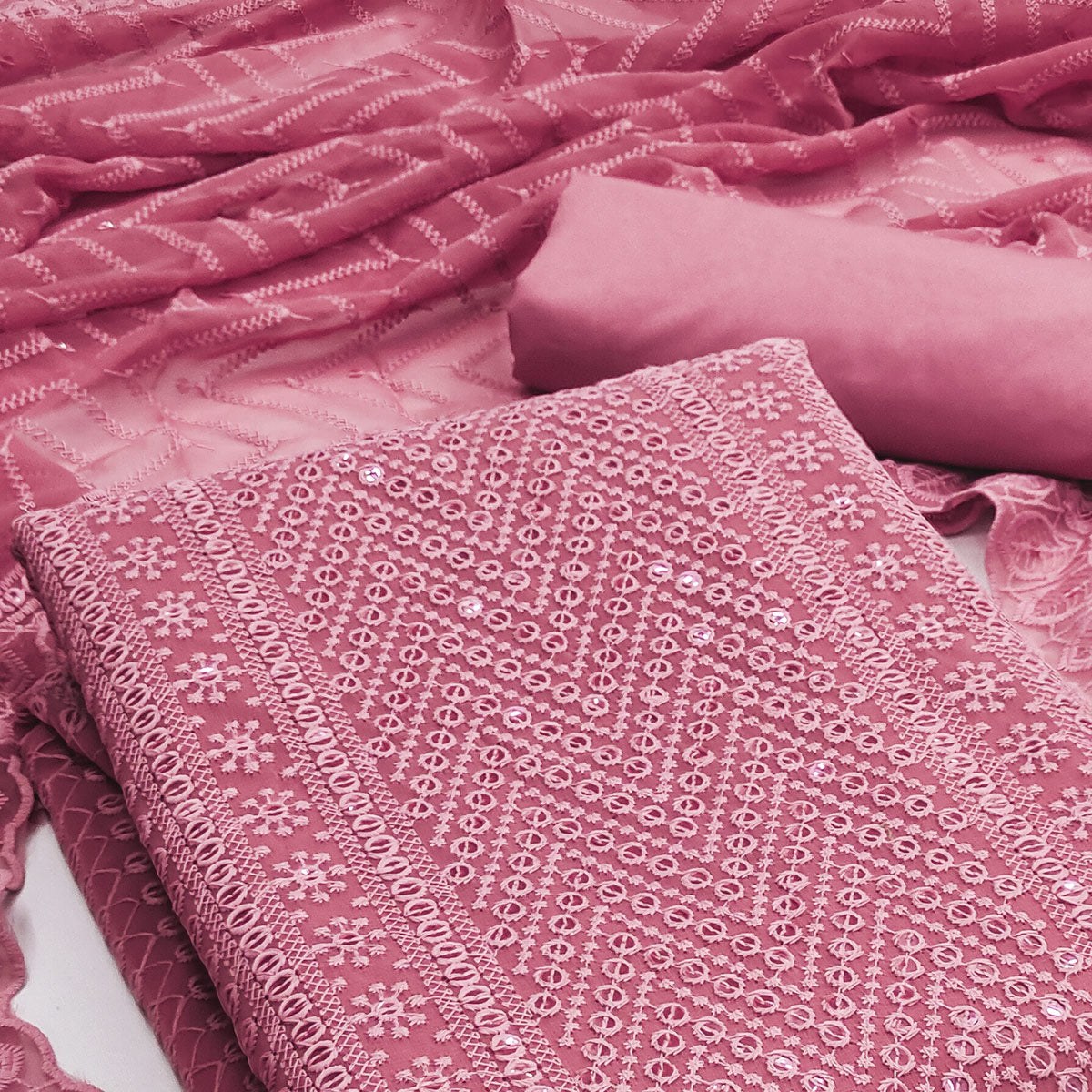 Pink Georgette Dress Material With Alluring Sequin Embroidery