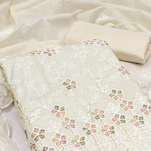 Cream Cotton Blend Dress Material With Delicate Floral Thread Embroidery