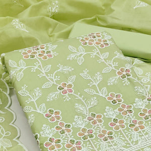 Green Cotton Blend Dress Material With Delicate Floral Thread Embroidery