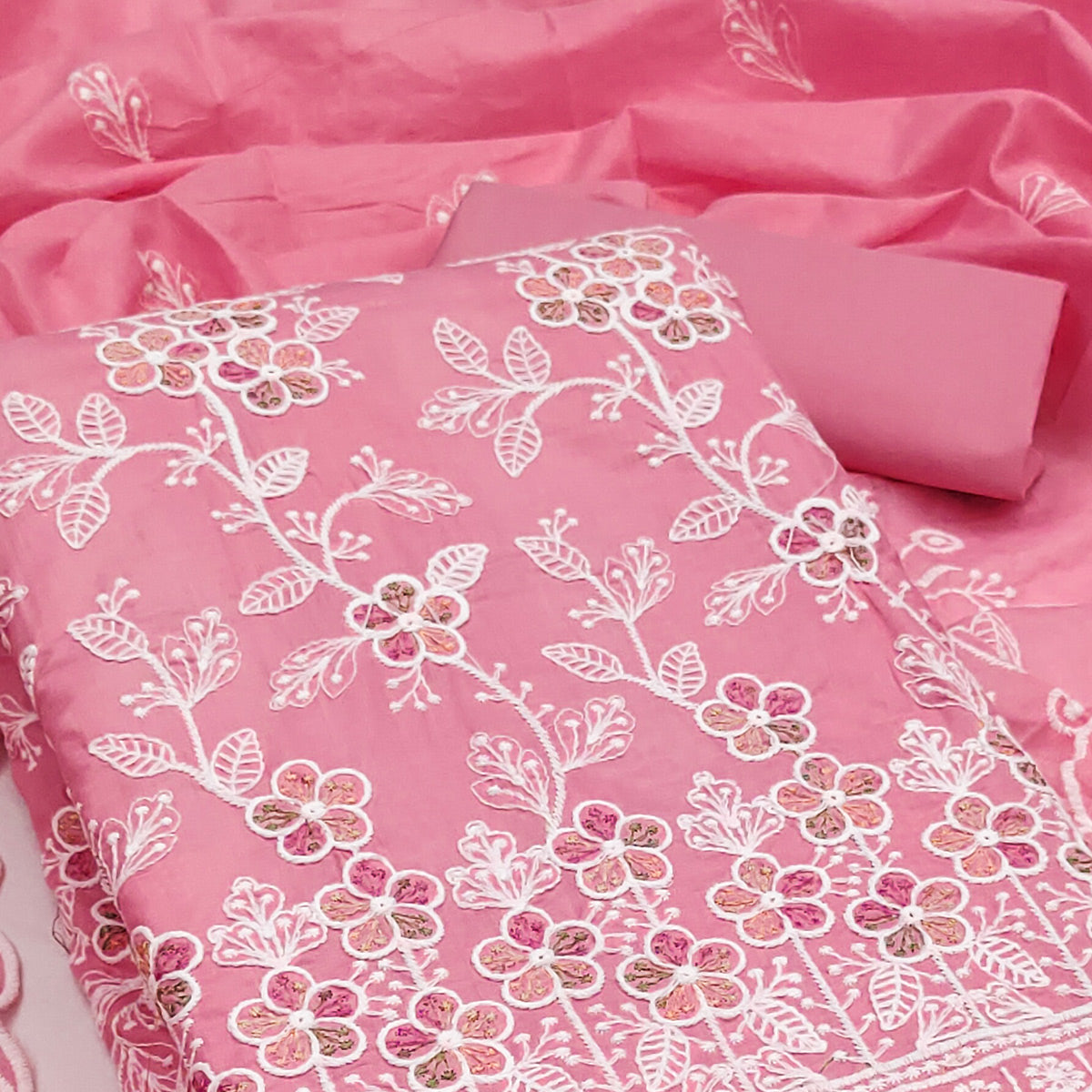 Pink Cotton Blend Dress Material With Delicate Floral Thread Embroidery