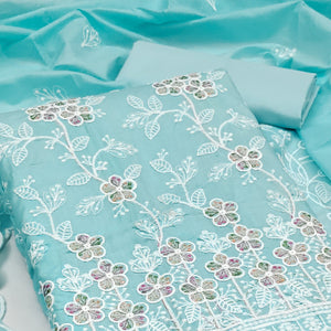 Sky Blue Cotton Blend Dress Material With Delicate Floral Thread Embroidery