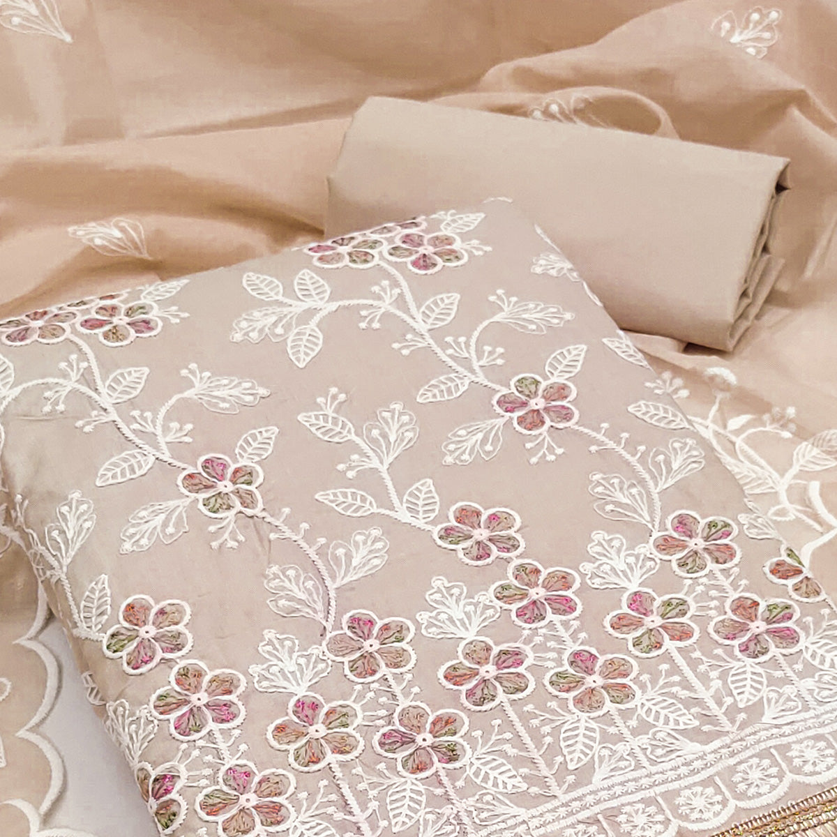 Warm Beige Cotton Blend Dress Material With Delicate Floral Thread Embroidery