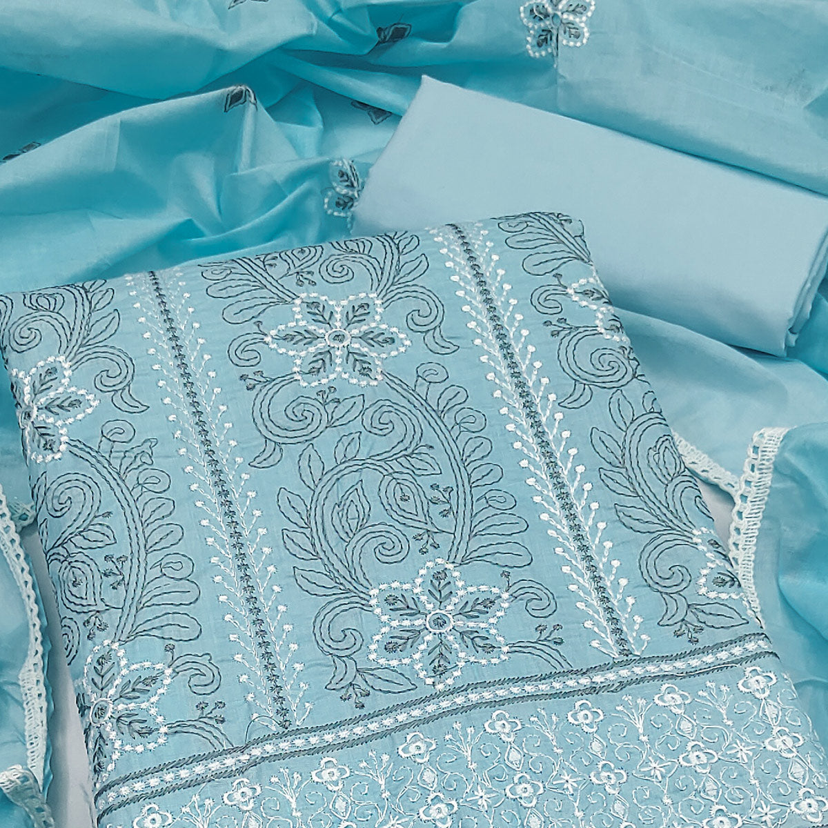 Blue Cotton Blend Dress Material With Intricate Floral Thread Embroidery Work