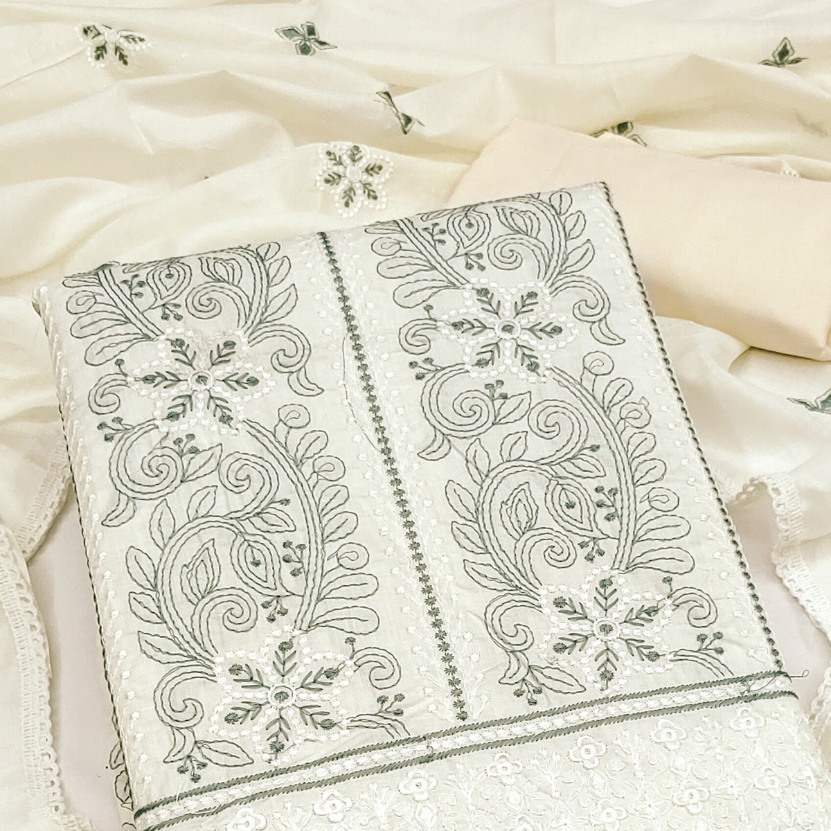 Cream Cotton Blend Dress Material With Intricate Floral Thread Embroidery Work