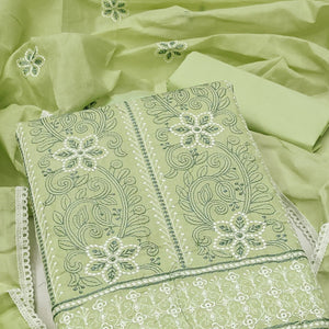 Green Cotton Blend Dress Material With Intricate Floral Thread Embroidery Work