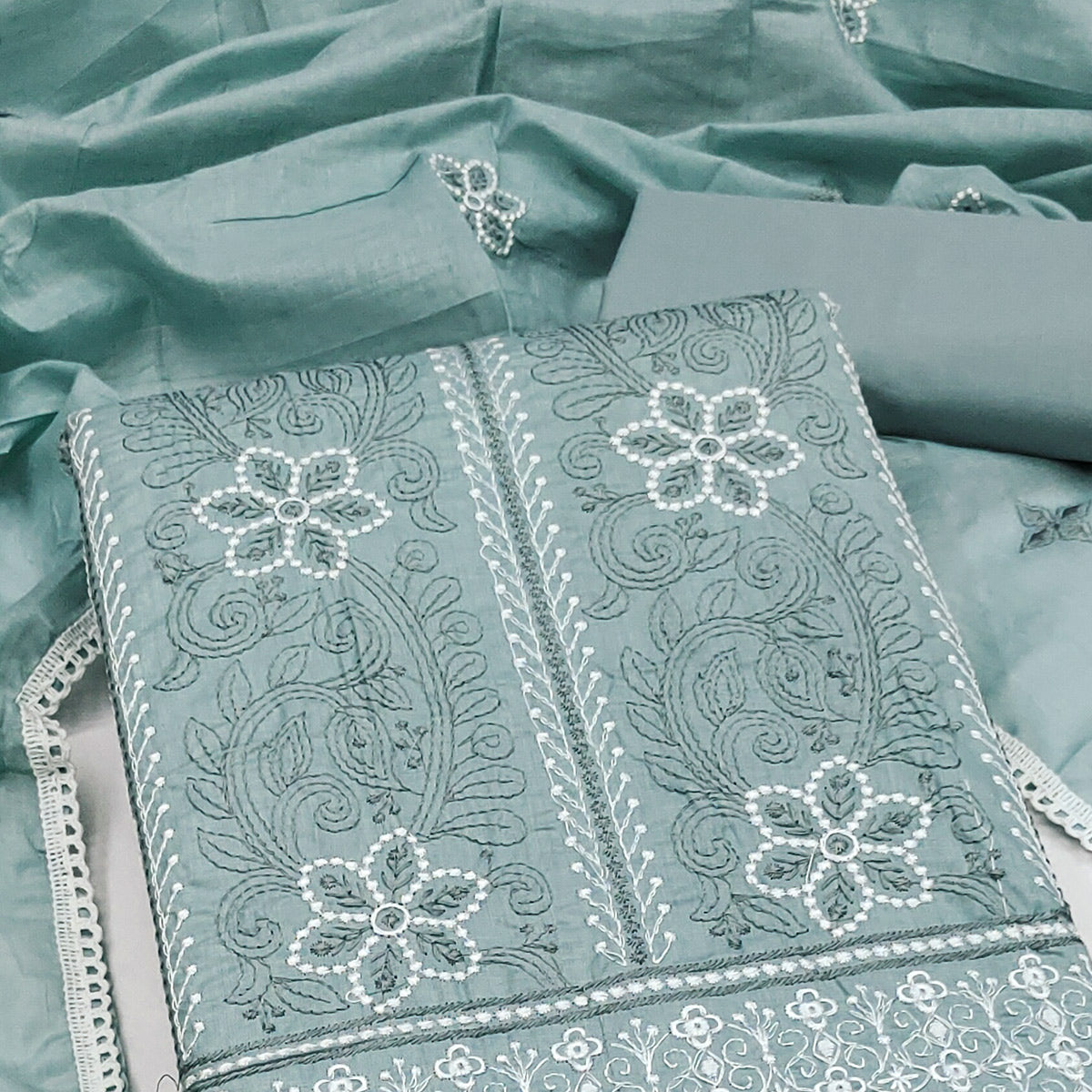 Grey Cotton Blend Dress Material With Intricate Floral Thread Embroidery Work