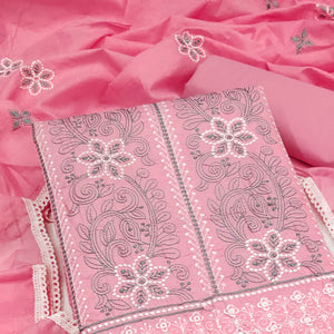 Pink Cotton Blend Dress Material With Intricate Floral Thread Embroidery Work