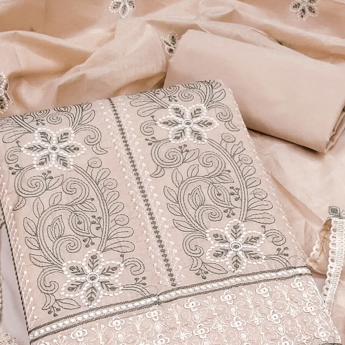 Warm Beige Cotton Blend Dress Material With Intricate Floral Thread Embroidery Work
