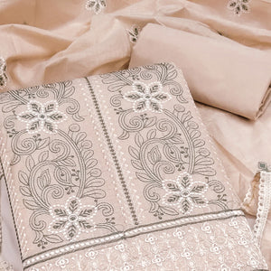 Warm Beige Cotton Blend Dress Material With Intricate Floral Thread Embroidery Work