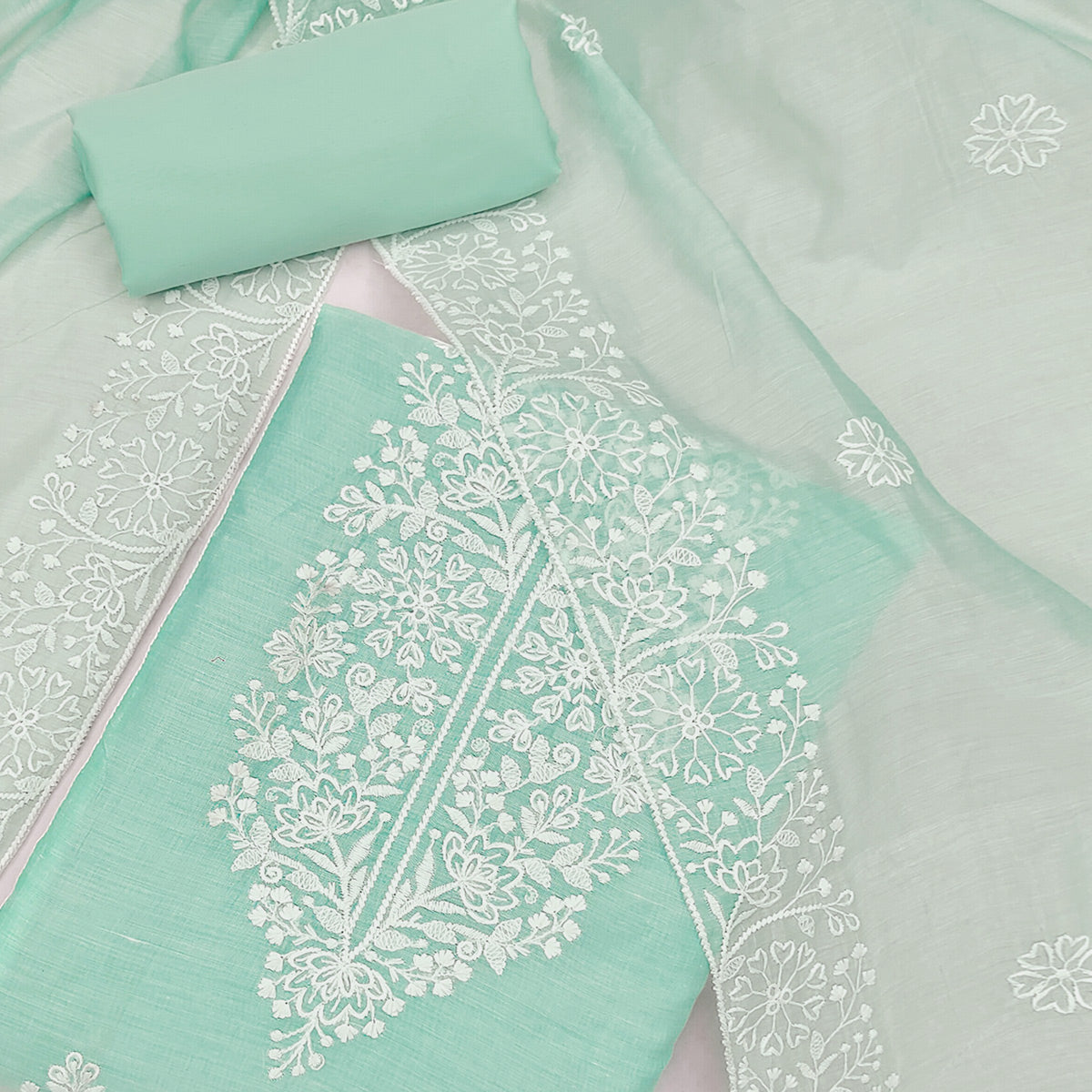 Turquoise Floral Embroidered Chanderi Silk Dress Material For Graceful Styling