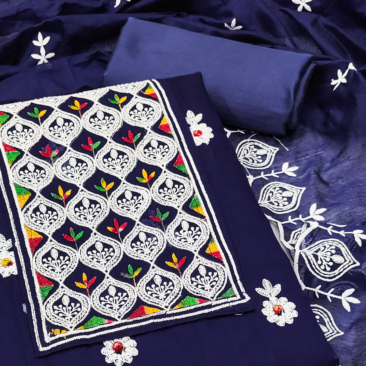 Navy Blue Chanderi Cotton Suit Material with Graceful Embroidery