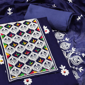 Navy Blue Chanderi Cotton Suit Material with Graceful Embroidery