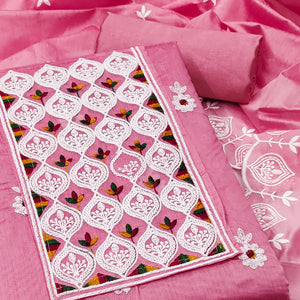Pink Chanderi Cotton Suit Material with Graceful Embroidery