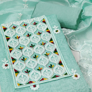 Sea Green Chanderi Cotton Suit Material with Graceful Embroidery