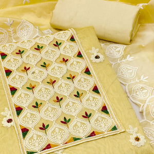 Yellow Chanderi Cotton Suit Material with Graceful Embroidery