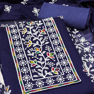 Navy Blue Embroidered Floral Chanderi Cotton Material for Elegant Dressing